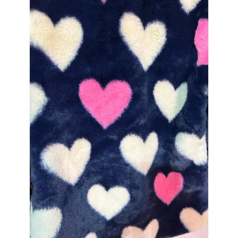 Hatley 8 blue faux fur pink white hearts jacket w/pockets like new